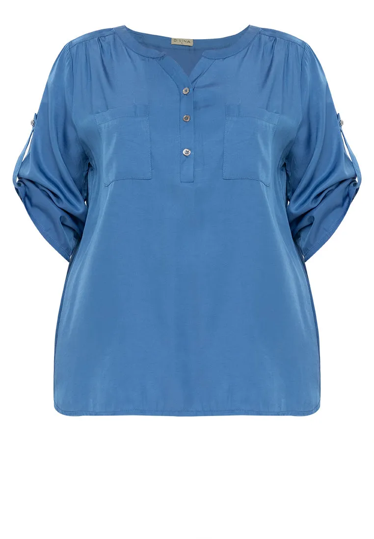 Divina Plus Size Button Down Roll Tab Sleeve Blouse Top