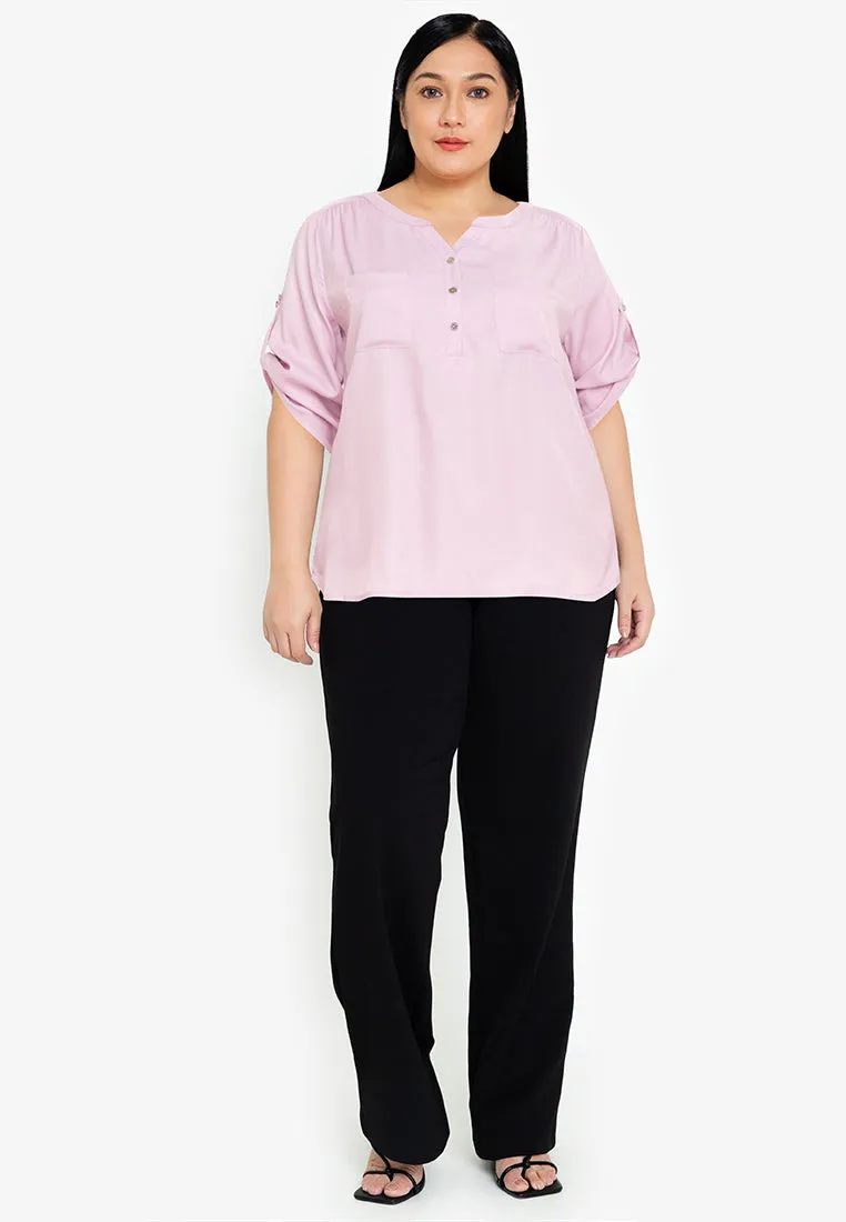 Divina Plus Size Button Down Roll Tab Sleeve Blouse Top