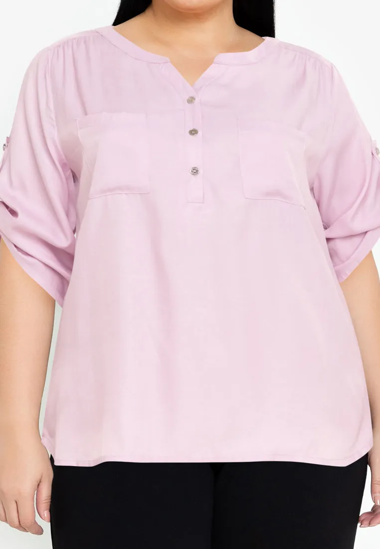 Divina Plus Size Button Down Roll Tab Sleeve Blouse Top