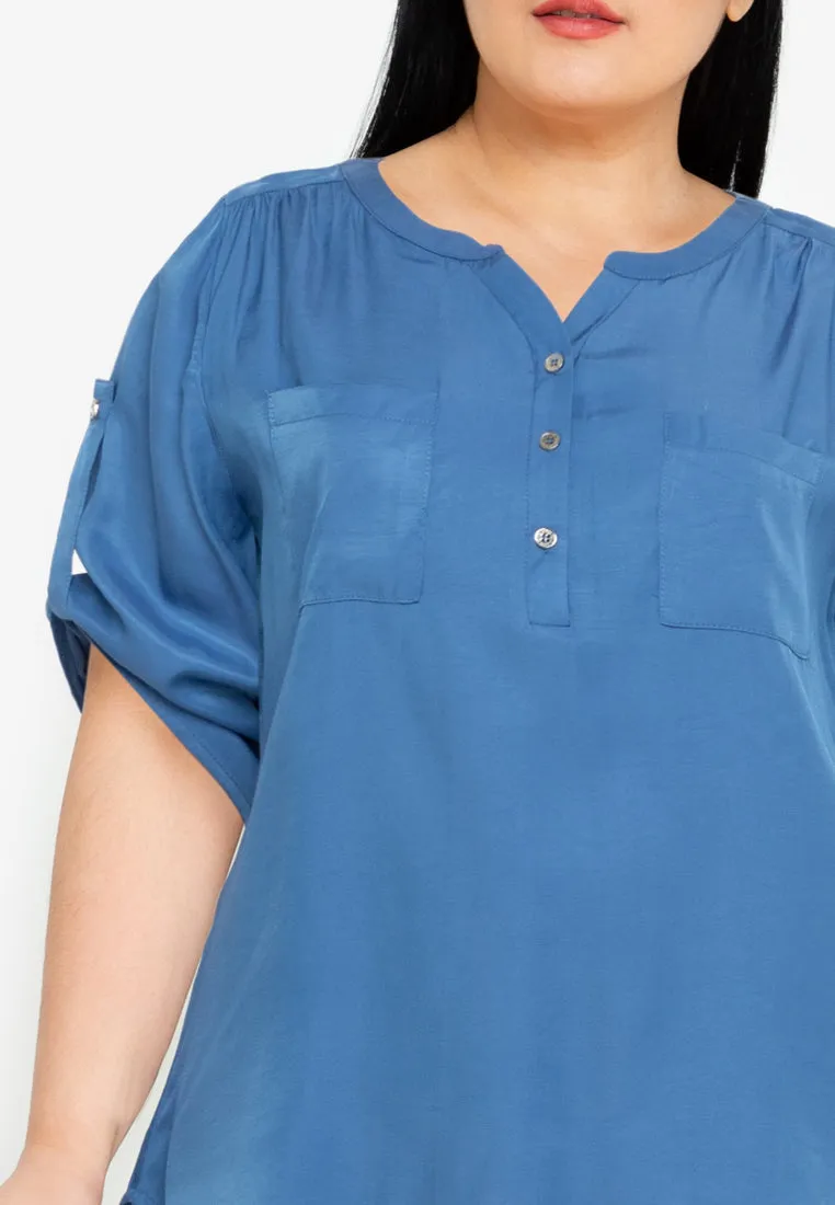 Divina Plus Size Button Down Roll Tab Sleeve Blouse Top