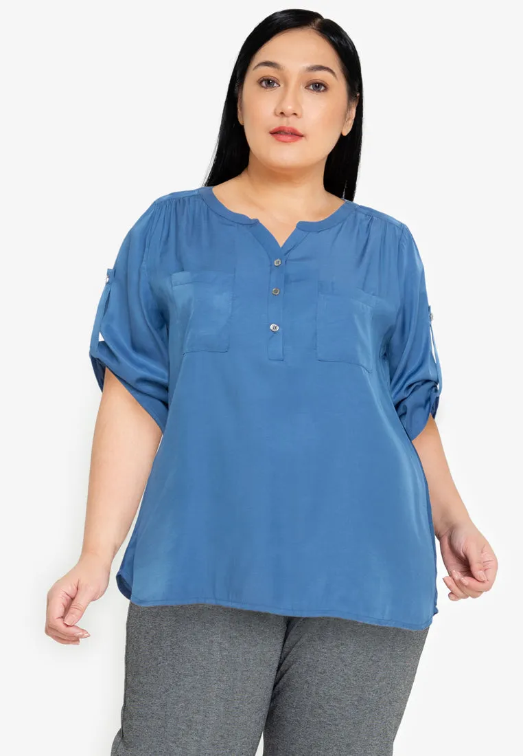Divina Plus Size Button Down Roll Tab Sleeve Blouse Top