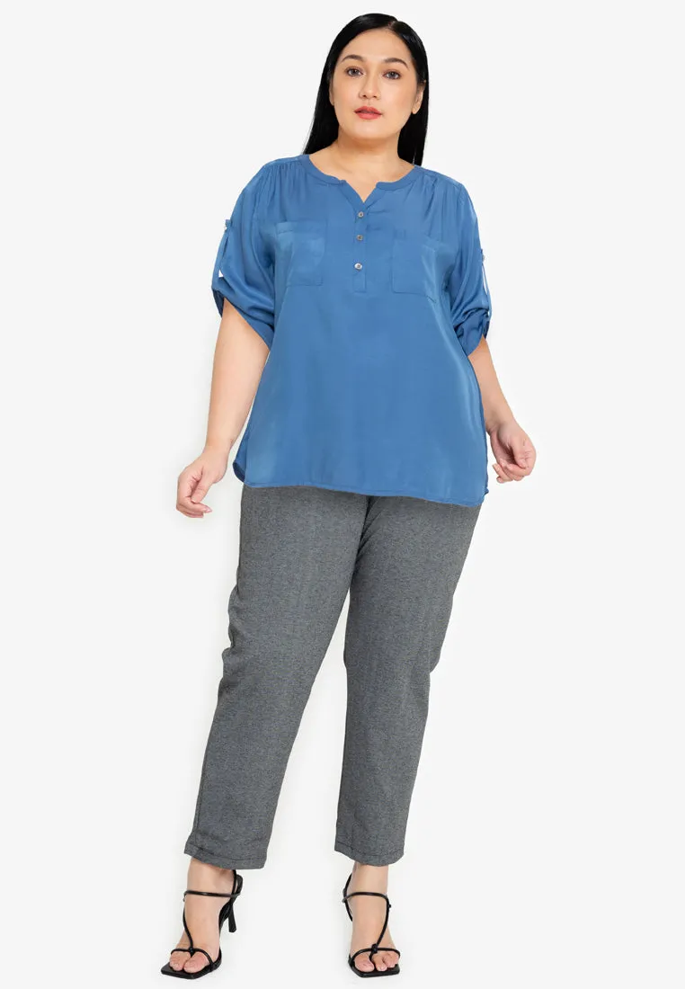 Divina Plus Size Button Down Roll Tab Sleeve Blouse Top