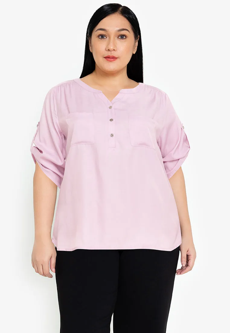 Divina Plus Size Button Down Roll Tab Sleeve Blouse Top