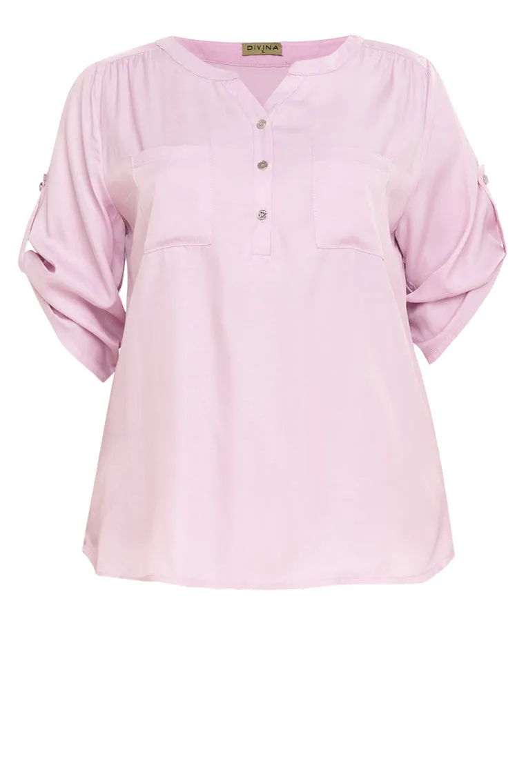 Divina Plus Size Button Down Roll Tab Sleeve Blouse Top