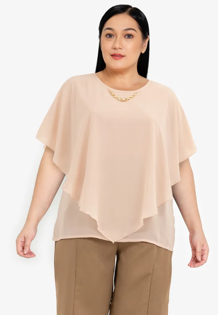 Divina Plus Size Flowy Overlay Blouse with Necklace Korean Top