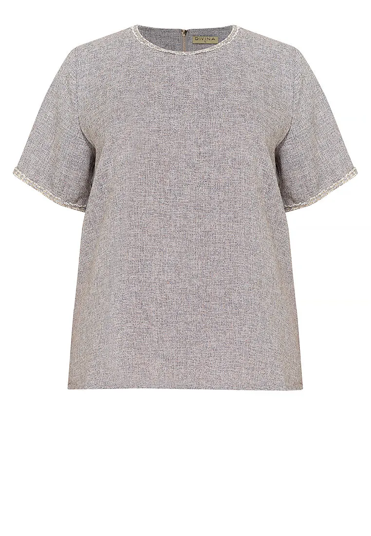 Divina Plus Size Tweed Blouse Top with Trimmings