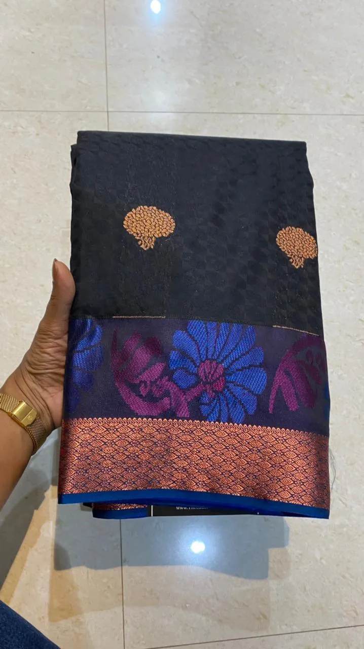 Dual shaded black and blue silk saree with blouse