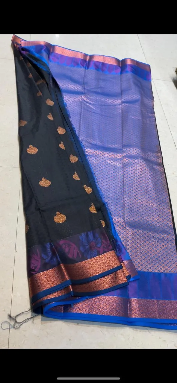 Dual shaded black and blue silk saree with blouse