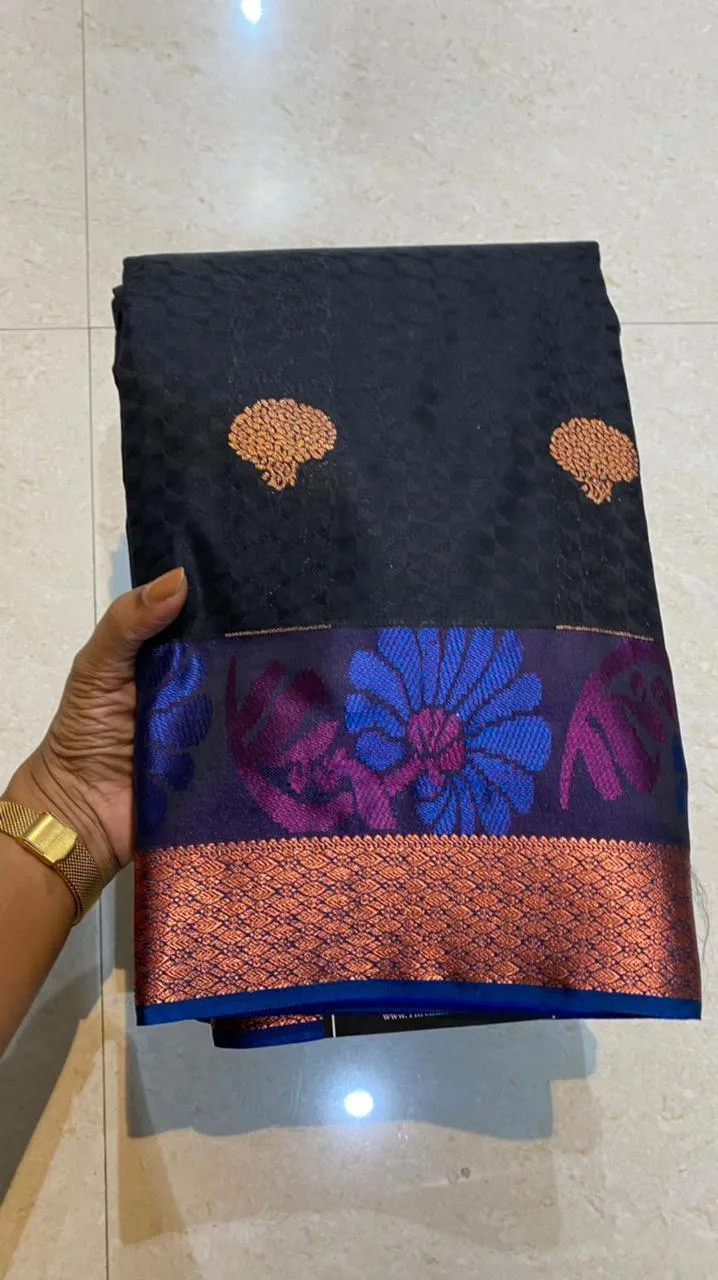 Dual shaded black and blue silk saree with blouse