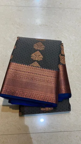 Dual shaded grey and blue silk saree with blouse