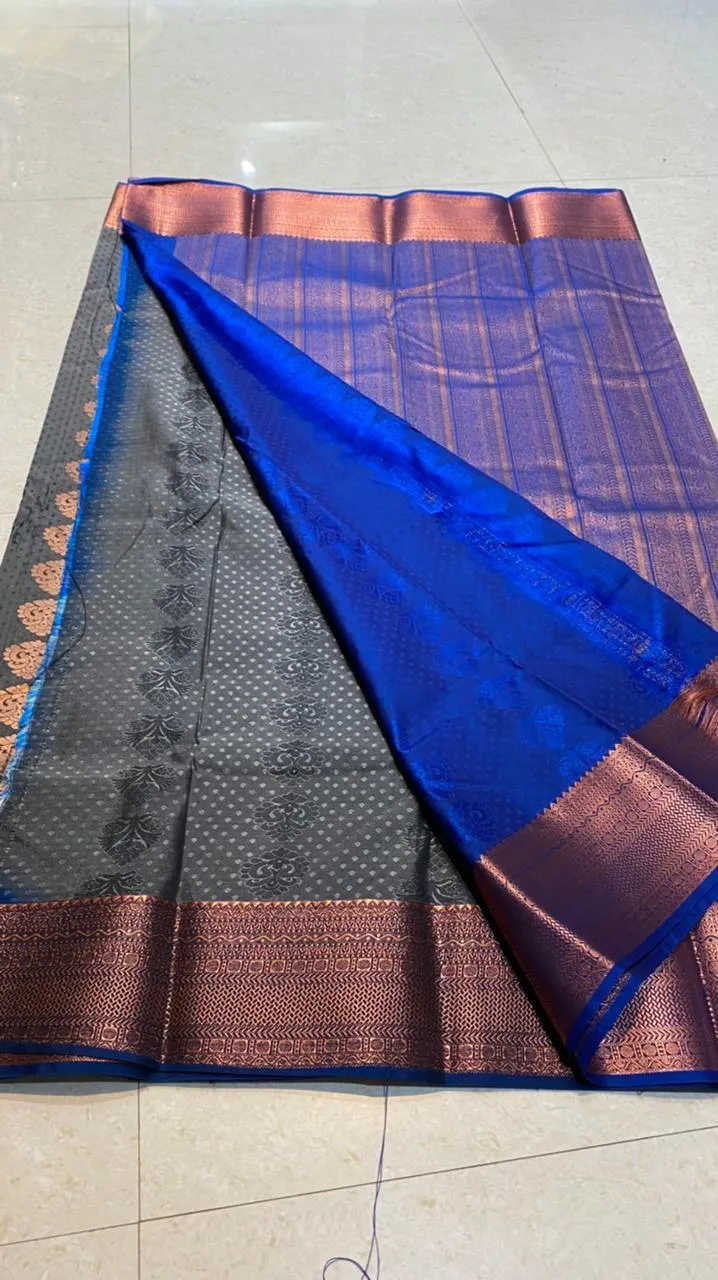 Dual shaded grey and blue silk saree with blouse