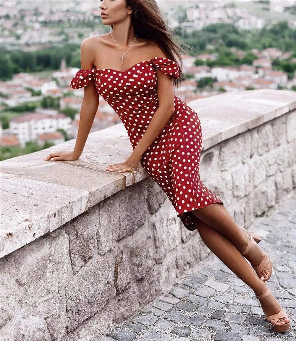 FashionSierra - New Women Summer Boho Polka Dot Dress Ladies Casual Bodycon Off Shoulder Party Evening Beach Pencil Sundress