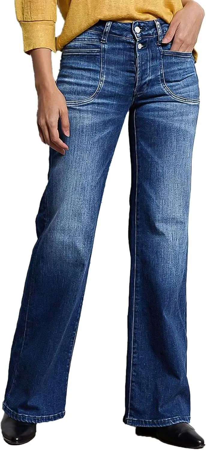 Flamingals Straight Leg Jeans for Women Mid Waisted Stretchy Bootcut Jeans Dual Button Asymmetrical Pocket Trendy Denim Jeans