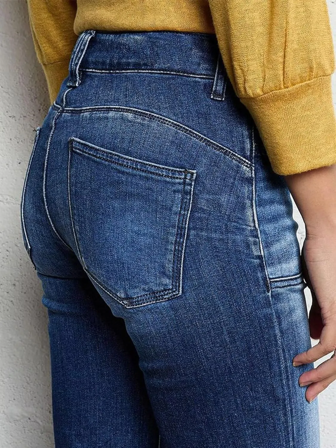 Flamingals Straight Leg Jeans for Women Mid Waisted Stretchy Bootcut Jeans Dual Button Asymmetrical Pocket Trendy Denim Jeans