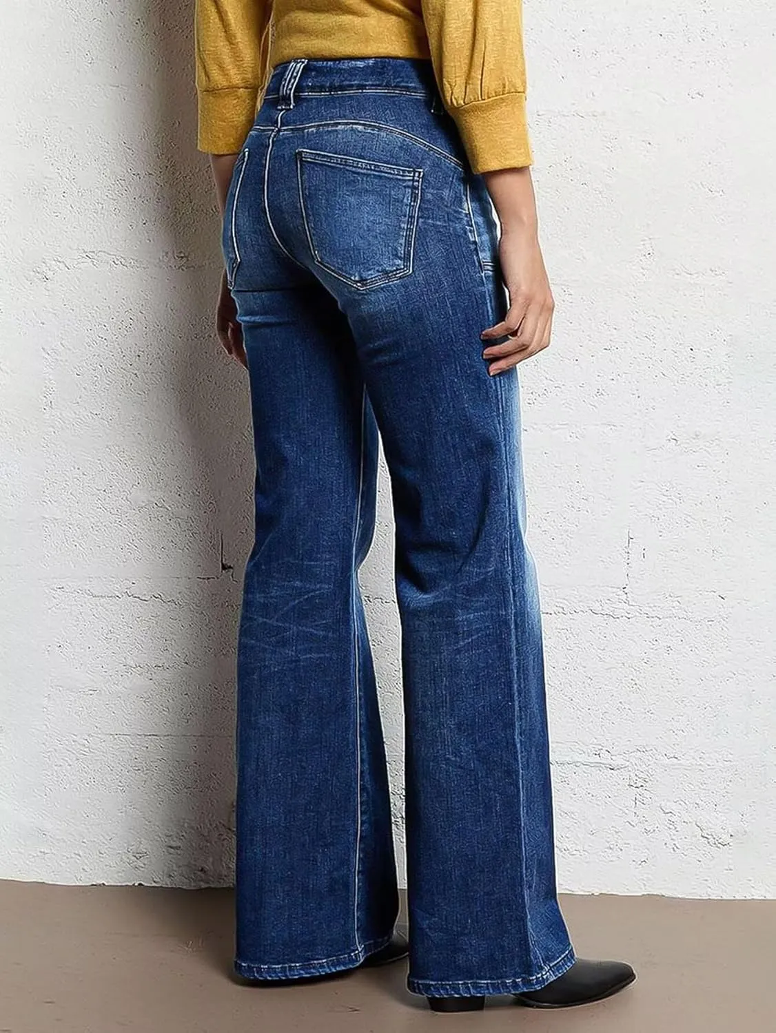Flamingals Straight Leg Jeans for Women Mid Waisted Stretchy Bootcut Jeans Dual Button Asymmetrical Pocket Trendy Denim Jeans