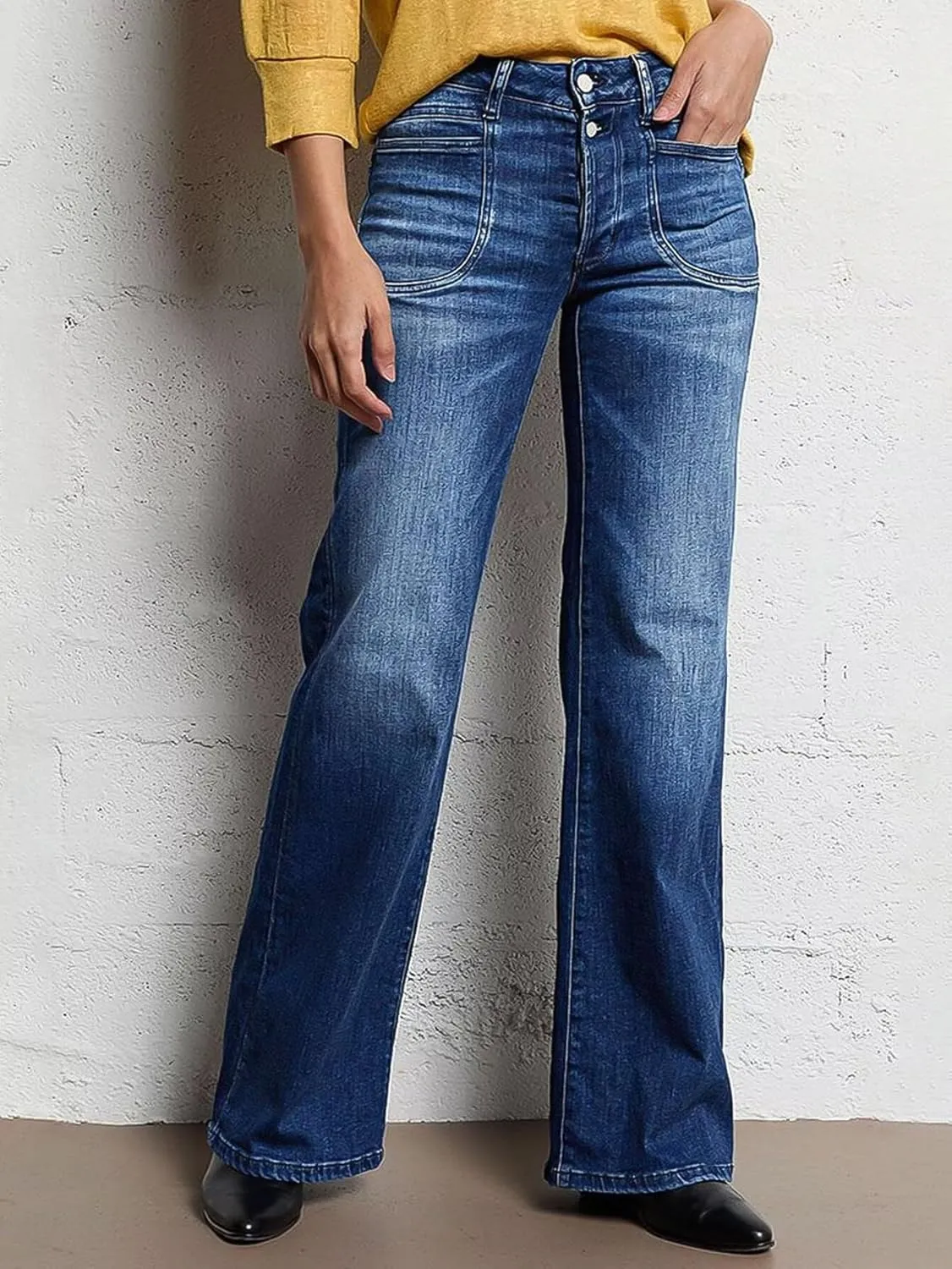 Flamingals Straight Leg Jeans for Women Mid Waisted Stretchy Bootcut Jeans Dual Button Asymmetrical Pocket Trendy Denim Jeans