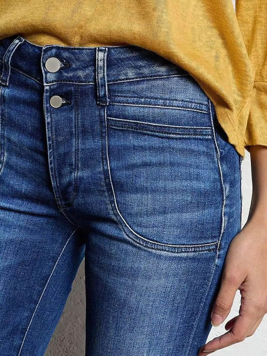 Flamingals Straight Leg Jeans for Women Mid Waisted Stretchy Bootcut Jeans Dual Button Asymmetrical Pocket Trendy Denim Jeans
