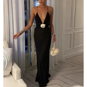 Girlary Womens Holiday Boho Summer See-through Vintage Backless Long Sundress Sleeveless Deep V Neck Flower Decor Party Dress