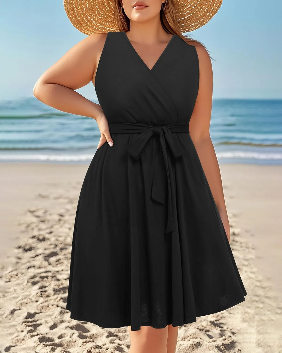 Holipick Women's Plus Size Sleeveless V Neck Wrap Sundress Summer Casual Dress with Pockets
