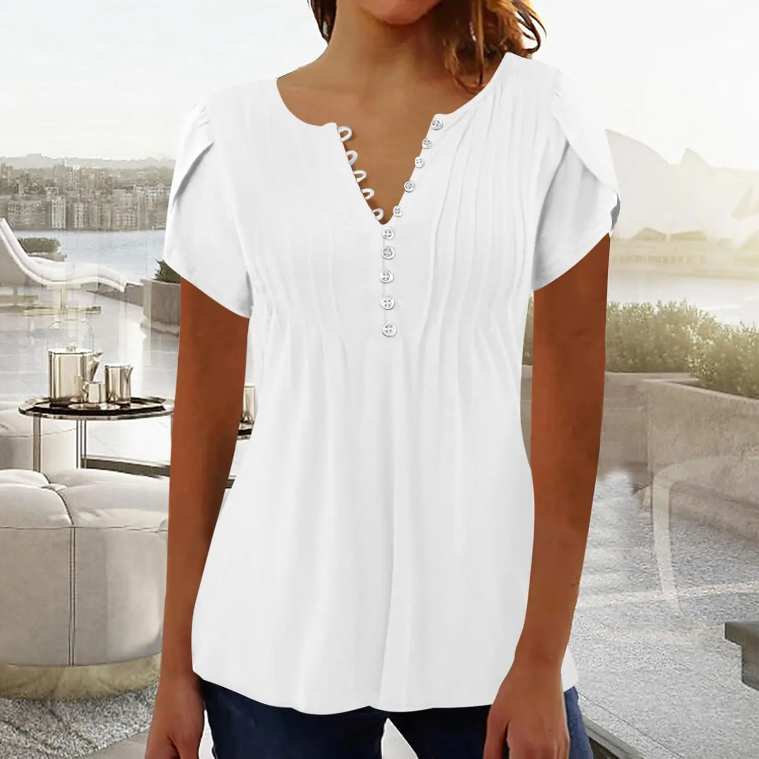 JOAU Women's Petal Short Sleeve Flowy Tunic Tops Dressy Casual Summer Pleated Front Blouses Loose V Neck Button Henley Shirts