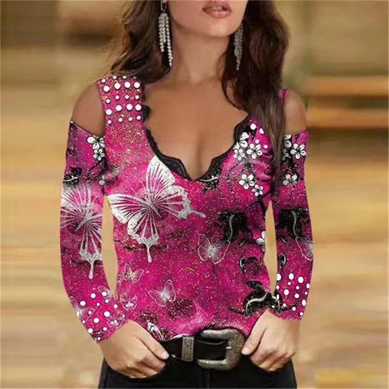 JuliaFashion - 2024 Women Sexy V-Neck Off Shoulder Shirts Tops Rose Printed Clothing
