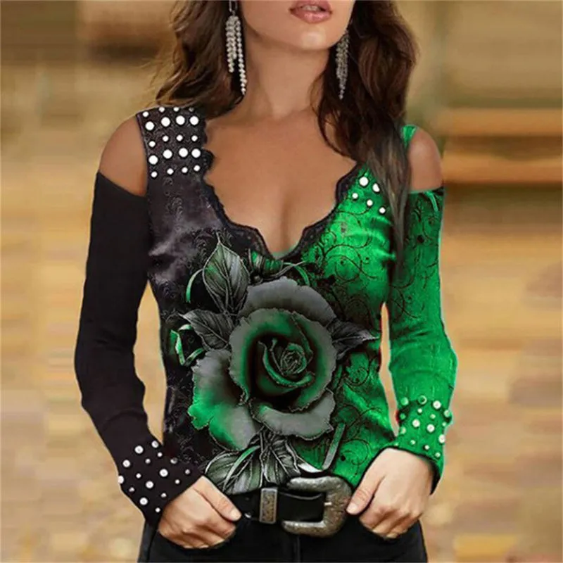 JuliaFashion - 2024 Women Sexy V-Neck Off Shoulder Shirts Tops Rose Printed Clothing