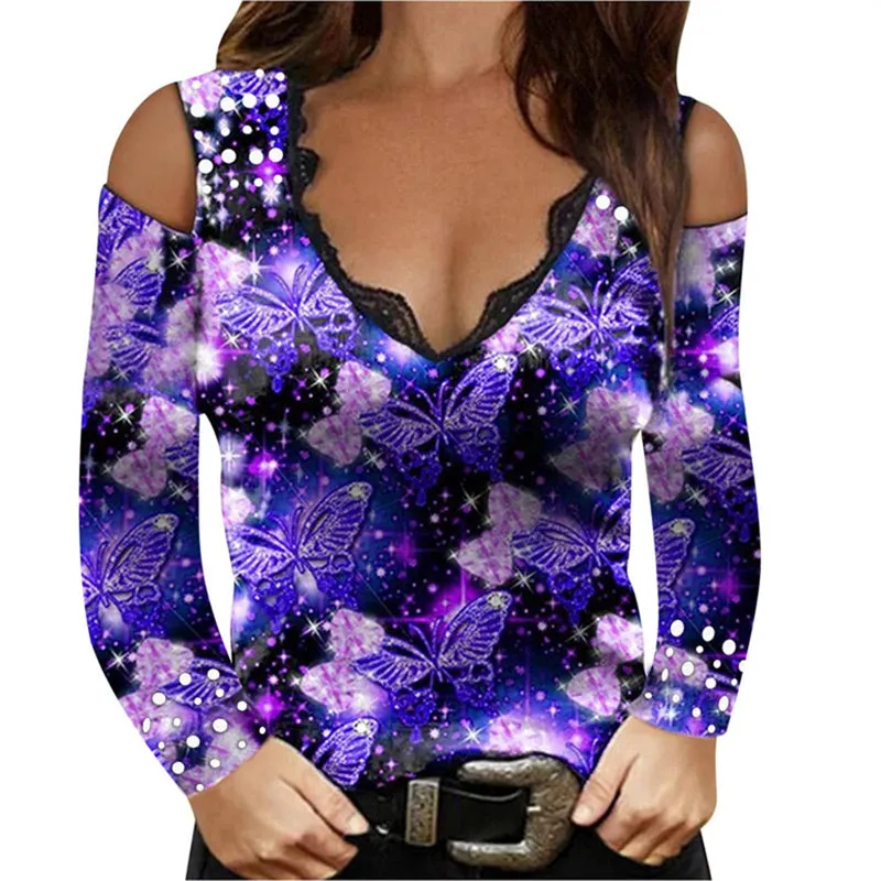 JuliaFashion - 2024 Women Sexy V-Neck Off Shoulder Shirts Tops Rose Printed Clothing