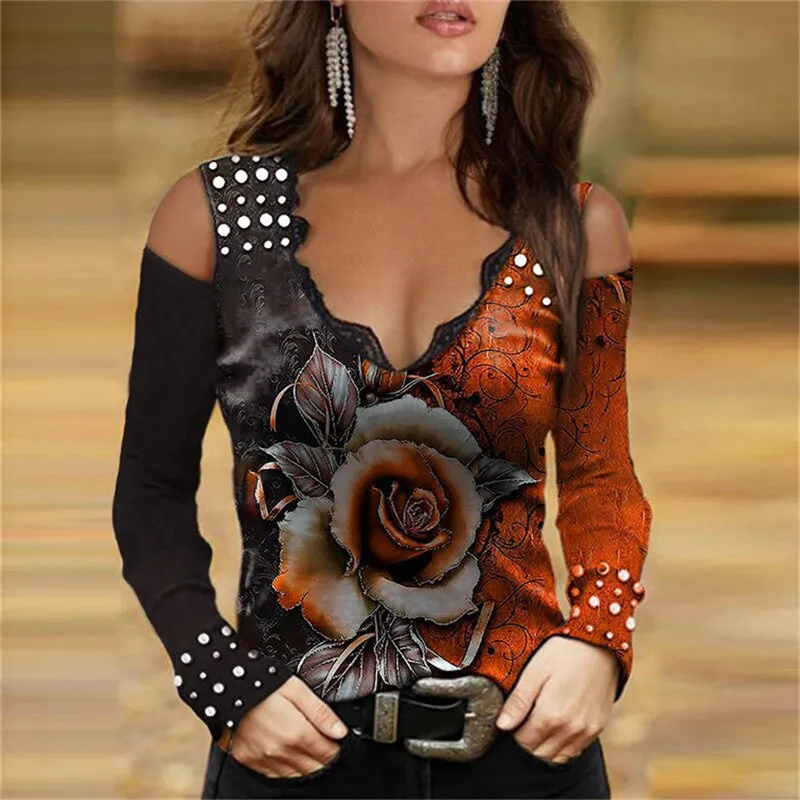 JuliaFashion - 2024 Women Sexy V-Neck Off Shoulder Shirts Tops Rose Printed Clothing