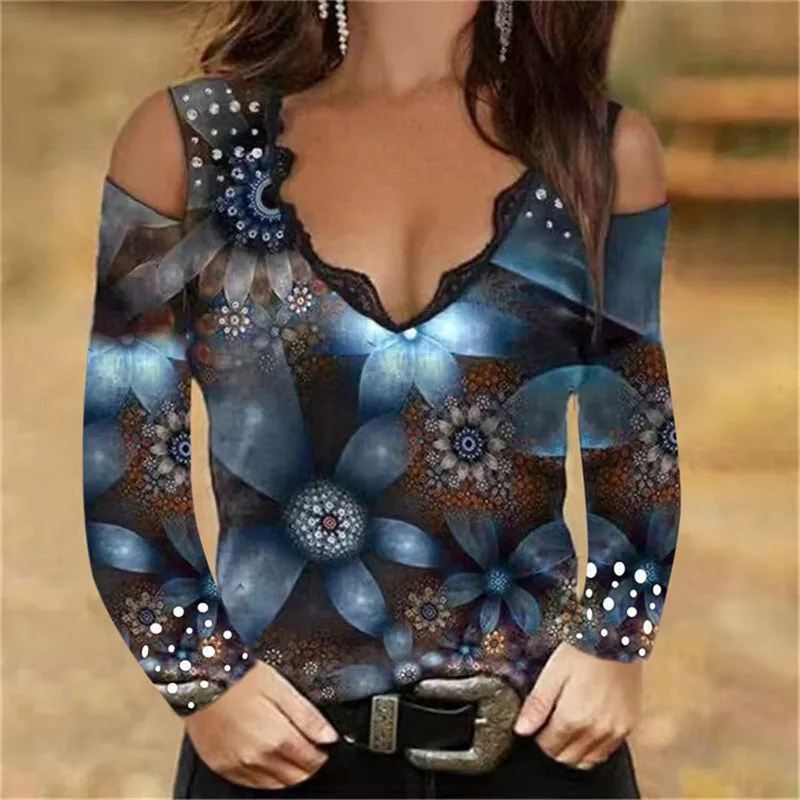 JuliaFashion - 2024 Women Sexy V-Neck Off Shoulder Shirts Tops Rose Printed Clothing
