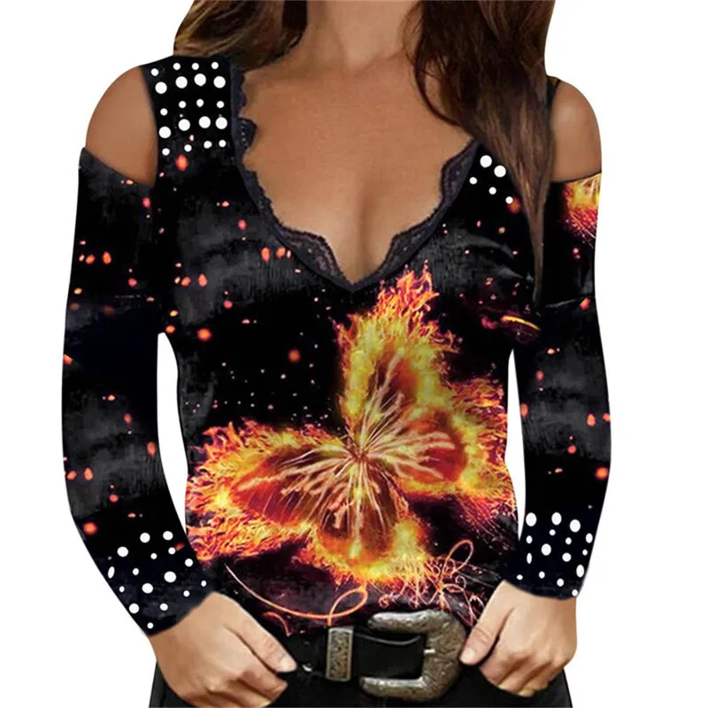 JuliaFashion - 2024 Women Sexy V-Neck Off Shoulder Shirts Tops Rose Printed Clothing