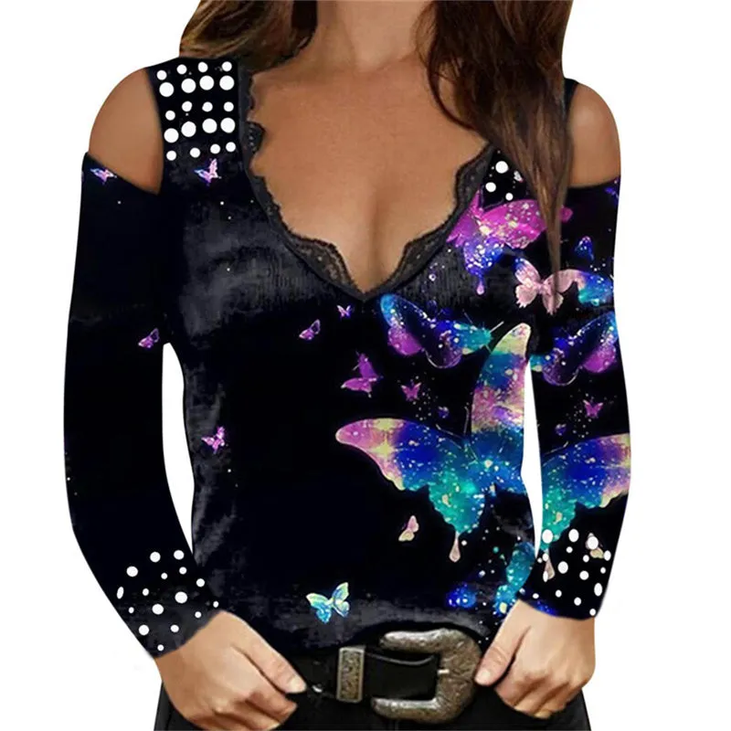 JuliaFashion - 2024 Women Sexy V-Neck Off Shoulder Shirts Tops Rose Printed Clothing
