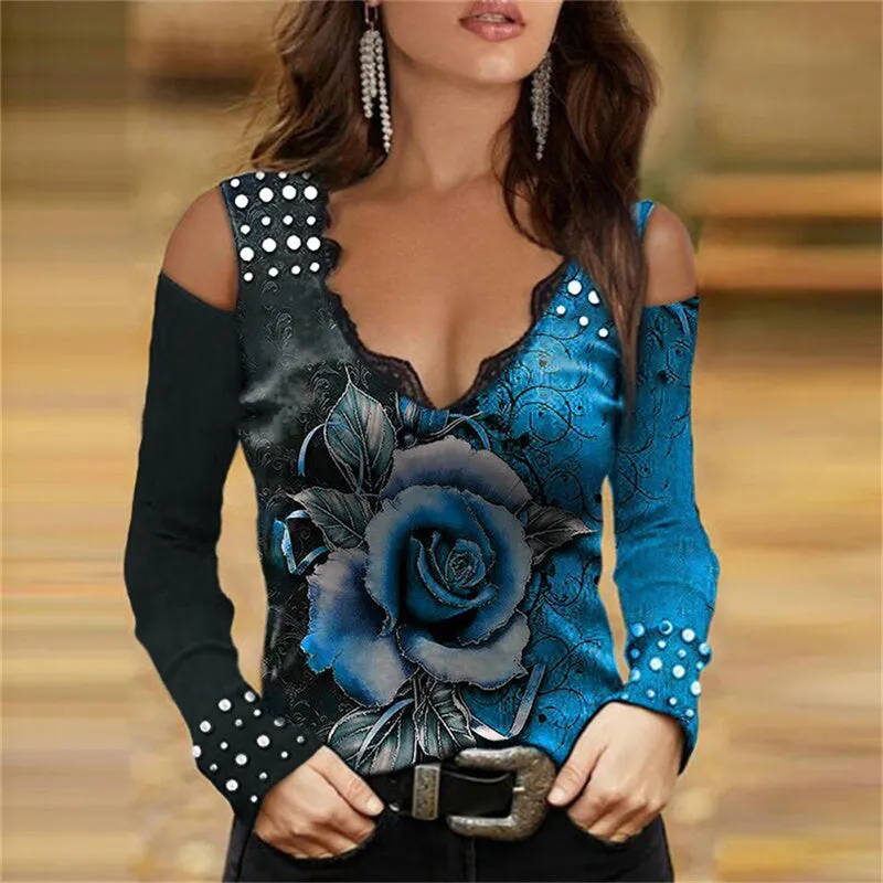 JuliaFashion - 2024 Women Sexy V-Neck Off Shoulder Shirts Tops Rose Printed Clothing