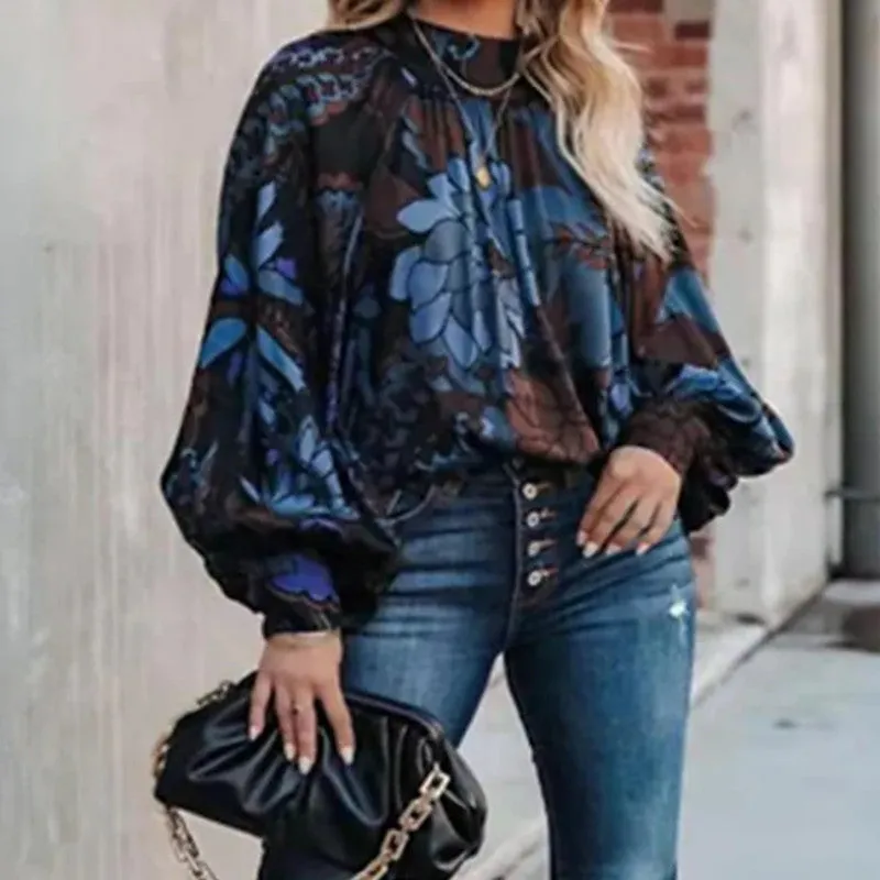 JuliaFashion - 2024 Women's Floral Print Lantern Sleeve Blouse Shirt Tops