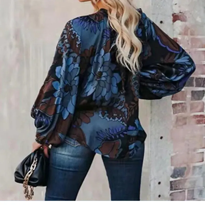JuliaFashion - 2024 Women's Floral Print Lantern Sleeve Blouse Shirt Tops