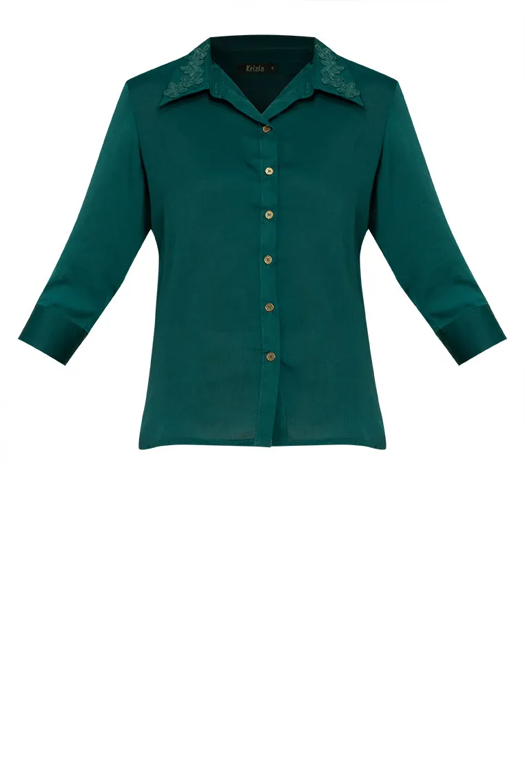 Krizia Button Down Blouse with Floral Embroidery Collar