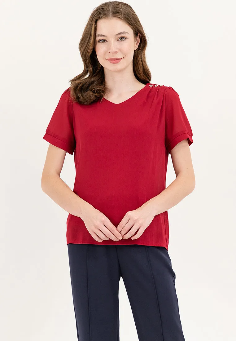 Krizia V-neck Cotton Crumpled Blouse Top With Gold Buttons