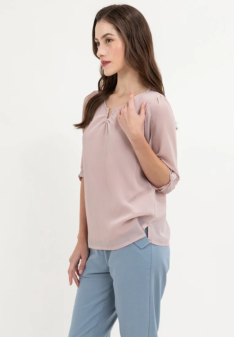 Krizia V-Neck Pearl Detail 3/4 Sleeve Top Blouse