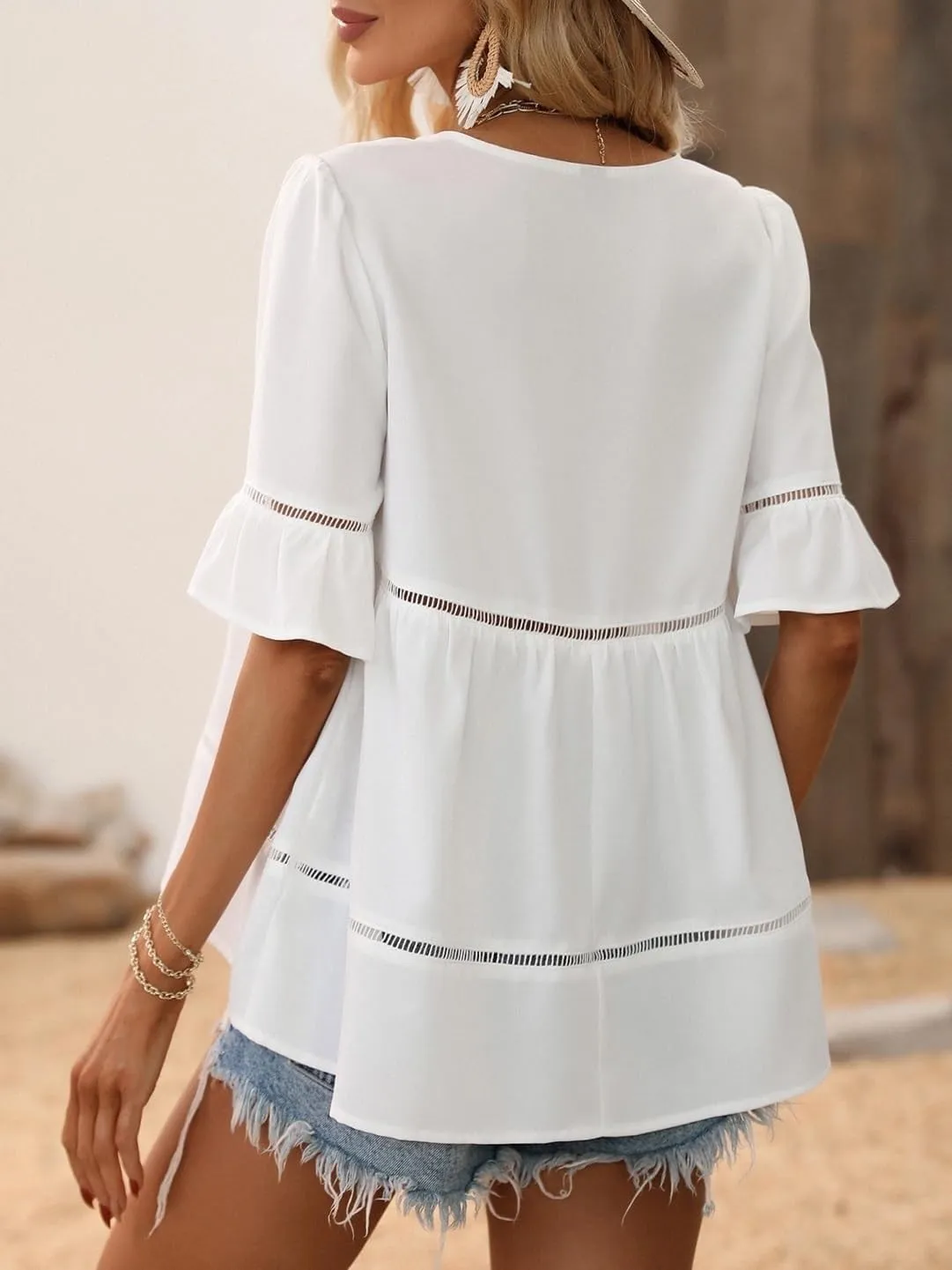 Lace Flounce Sleeve Ruffle Hem Blouse Top Trendy Blouse Shirts Tops