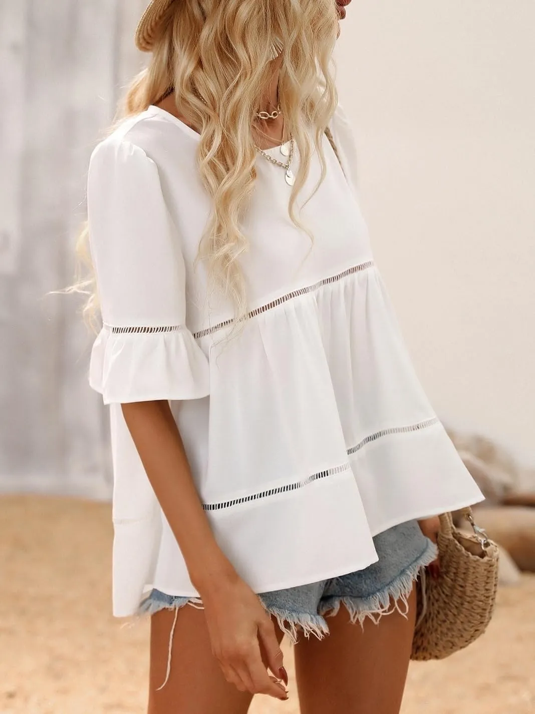 Lace Flounce Sleeve Ruffle Hem Blouse Top Trendy Blouse Shirts Tops