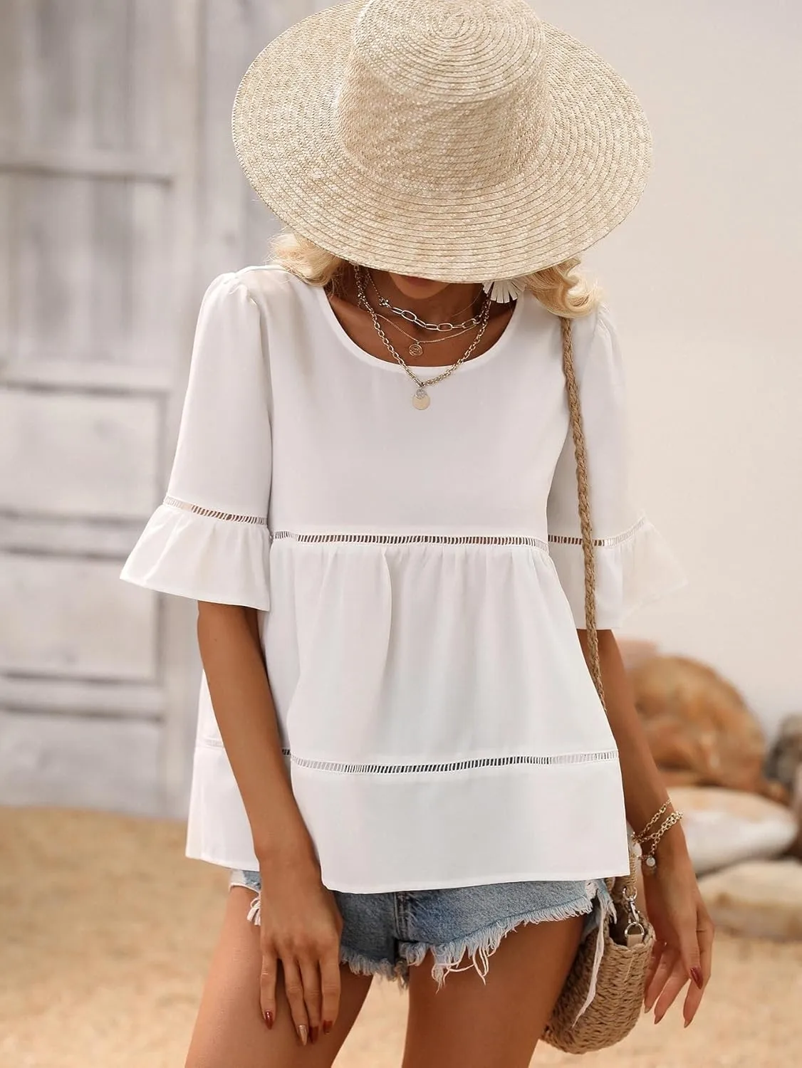 Lace Flounce Sleeve Ruffle Hem Blouse Top Trendy Blouse Shirts Tops