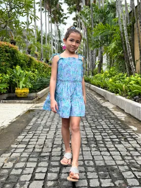 Layla Batik Cotton Dress for Girls in Light Blue & Purple Leaves