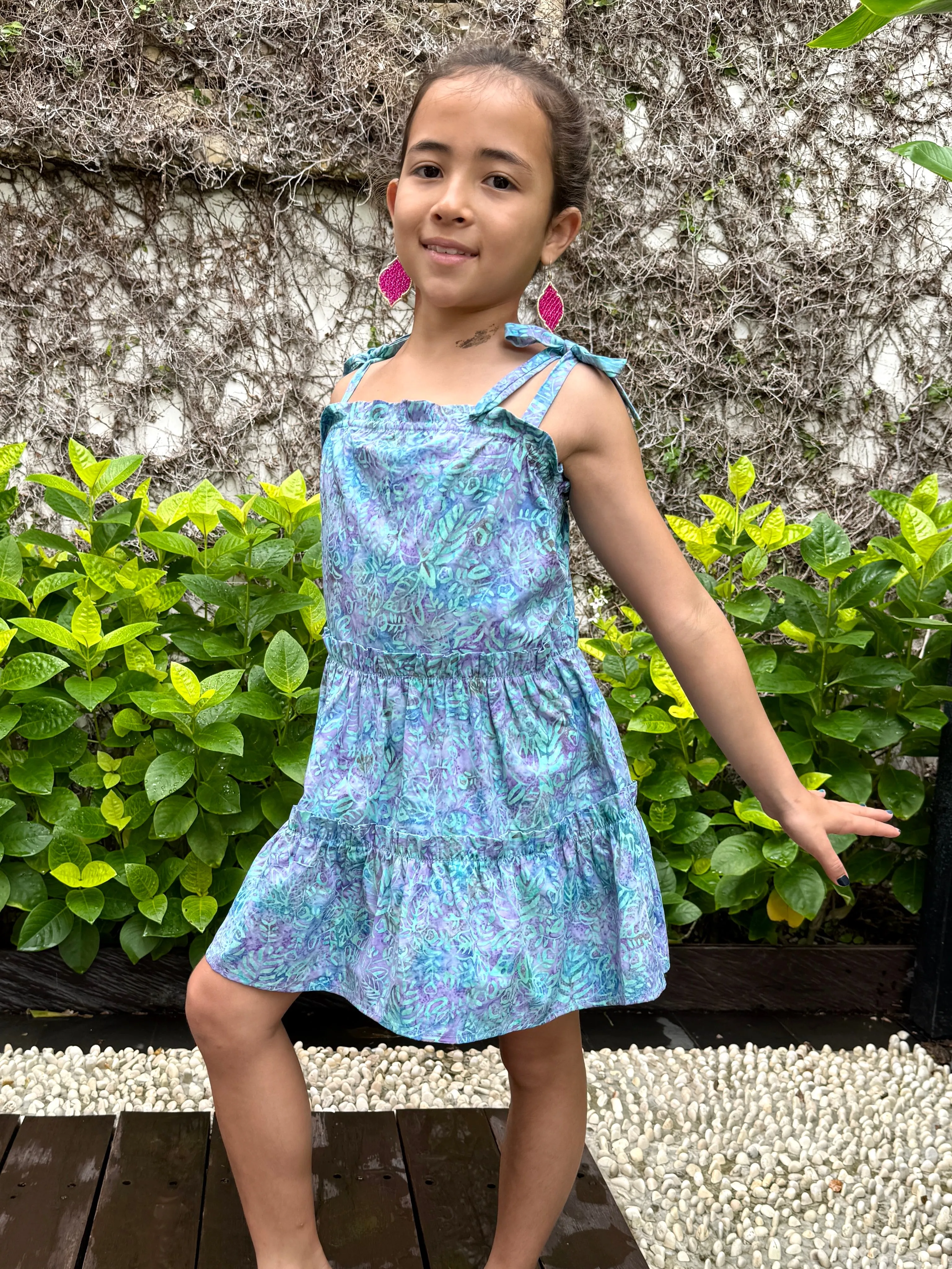Layla Batik Cotton Dress for Girls in Light Blue & Purple Leaves