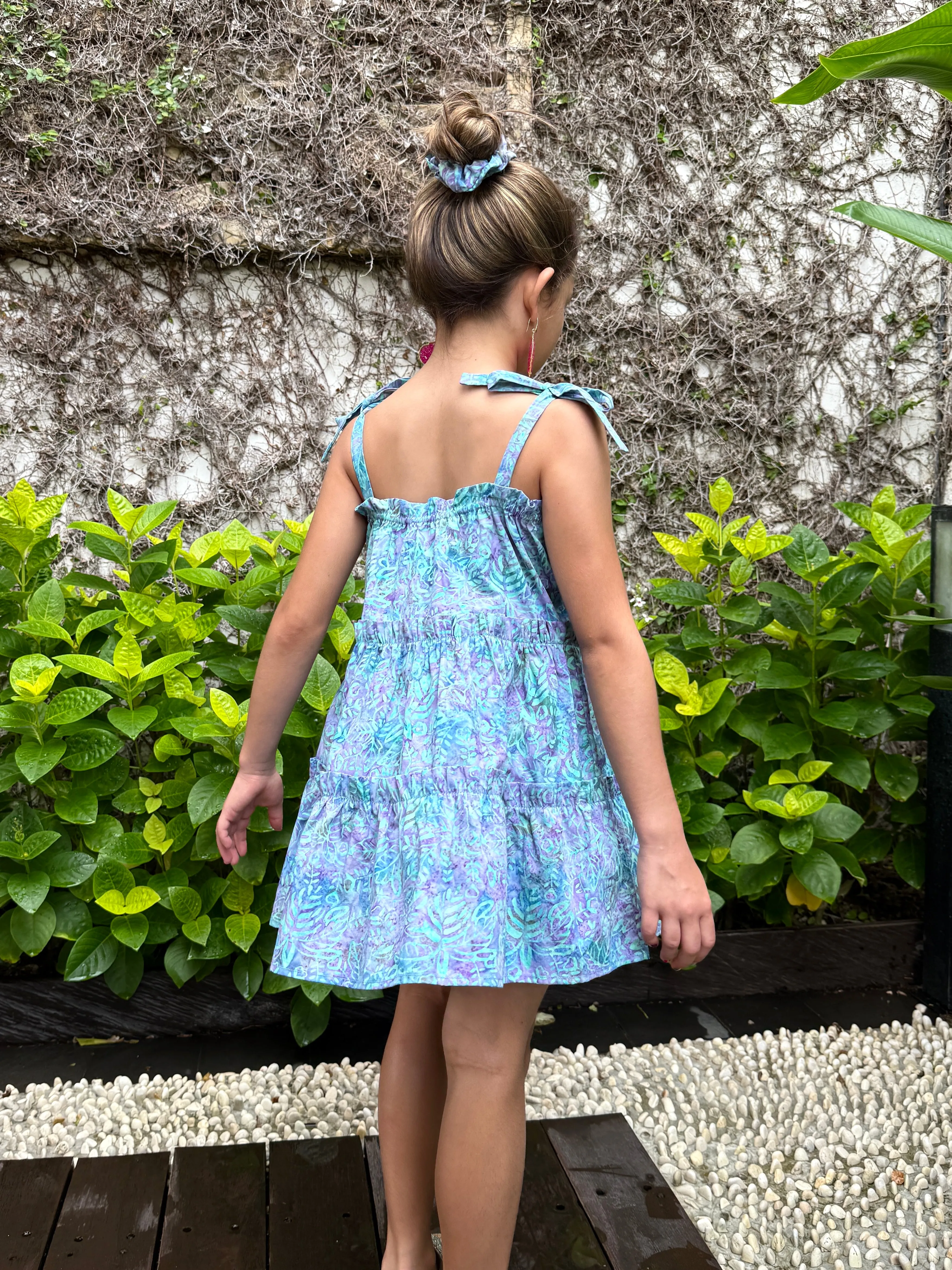 Layla Batik Cotton Dress for Girls in Light Blue & Purple Leaves
