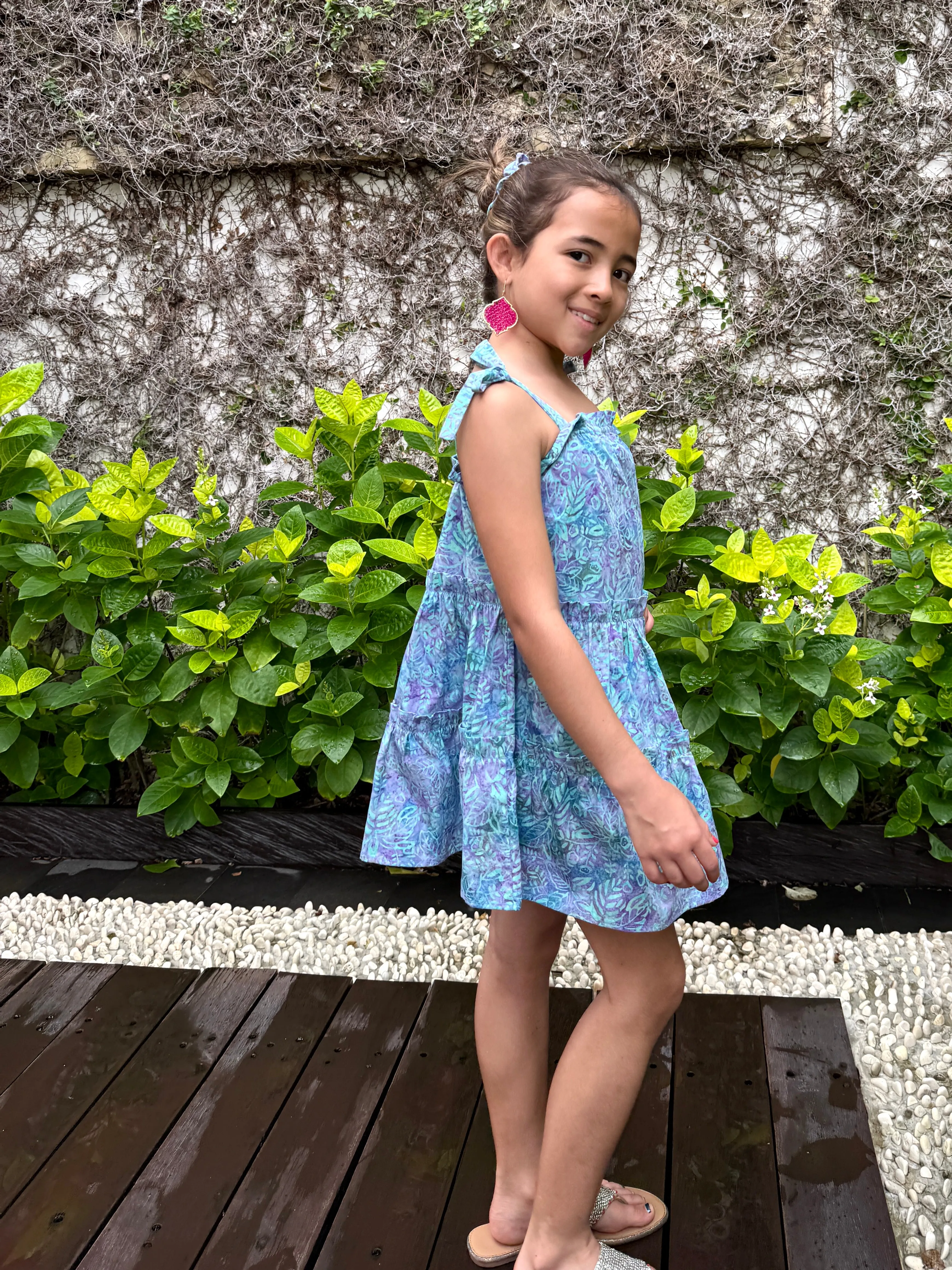 Layla Batik Cotton Dress for Girls in Light Blue & Purple Leaves