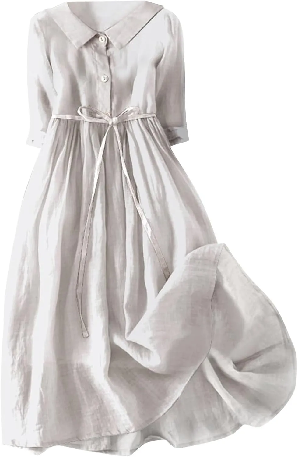 Linen Dress for Women Button Down A Line Lapel Neck Short Sleeve Maxi Dresses Summer Casual Lightweigh Sundress
