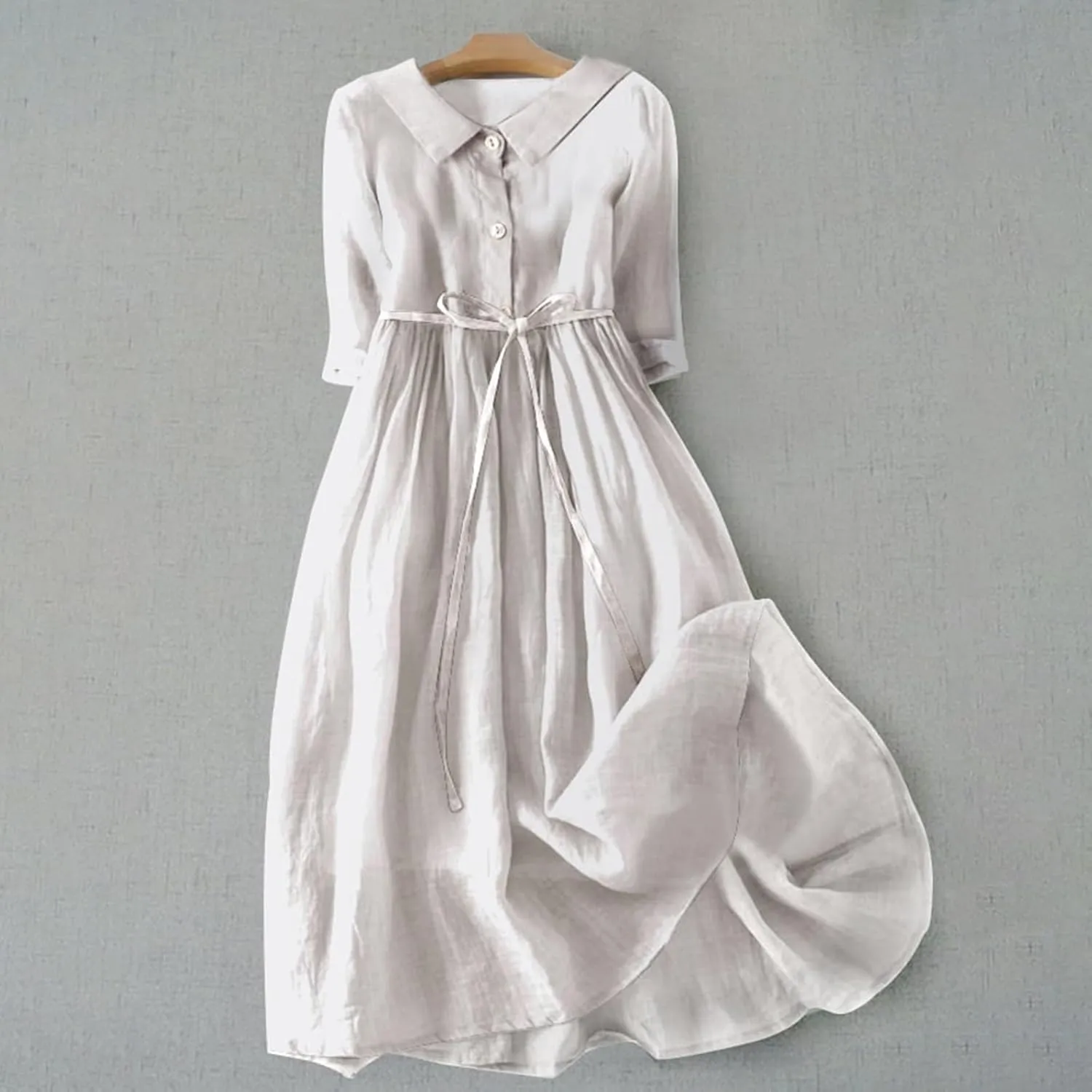 Linen Dress for Women Button Down A Line Lapel Neck Short Sleeve Maxi Dresses Summer Casual Lightweigh Sundress