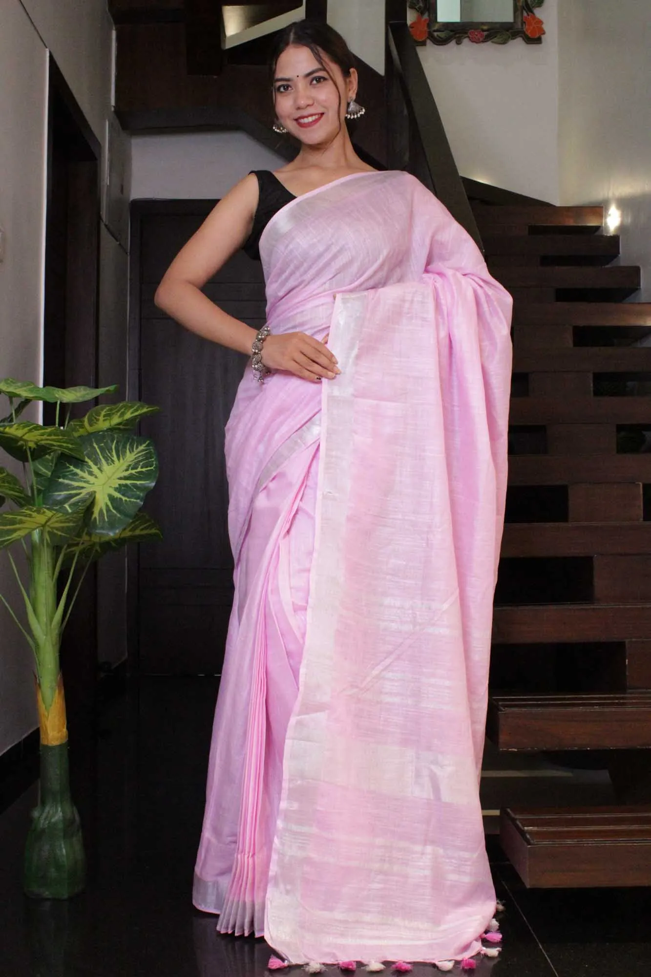 Linen Slub Peach Pink with Silver Border Wrap in 1 minute saree
