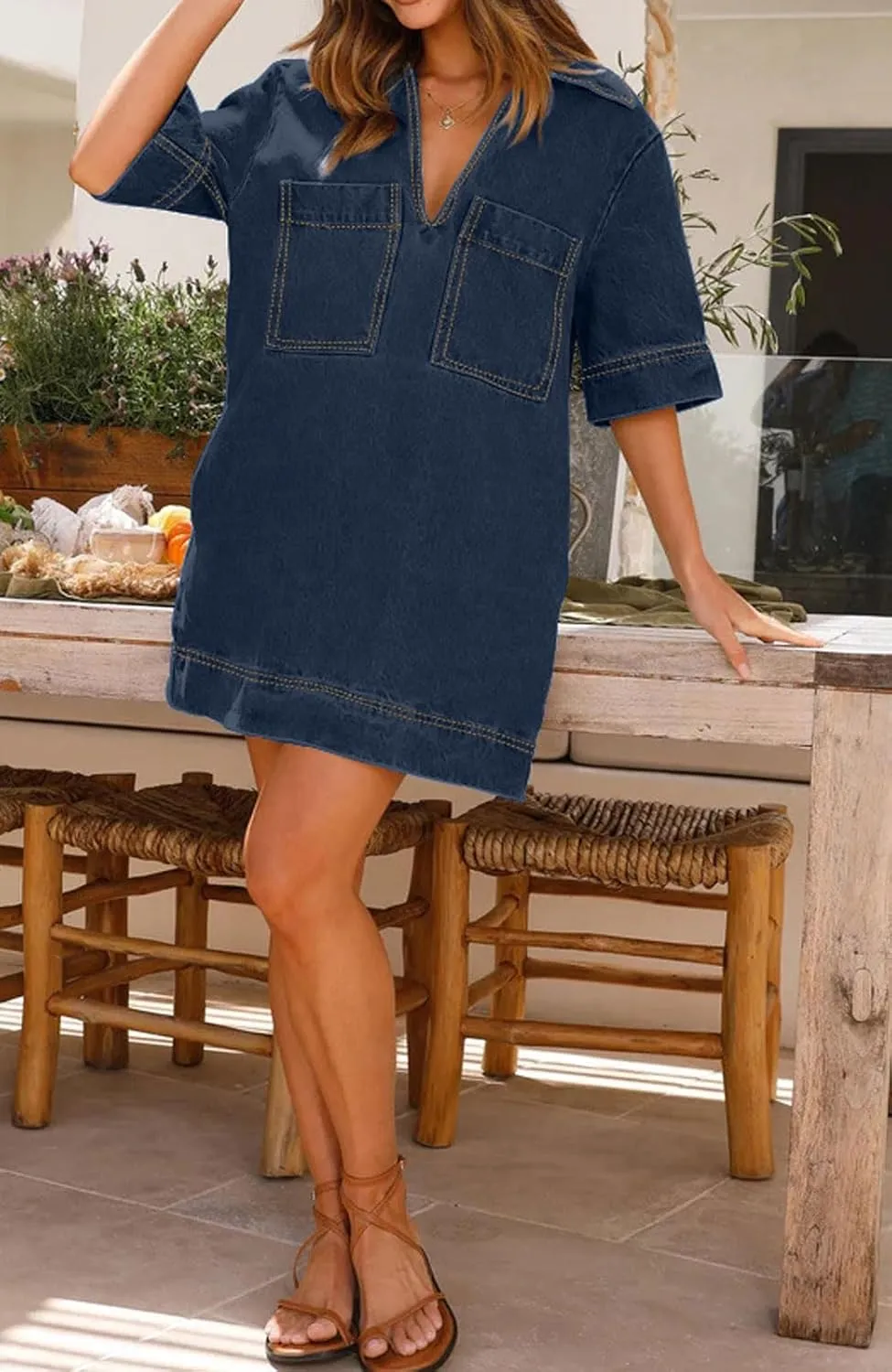 loveimgs Womens Summer Casual Denim Dress Short Sleeve V Neck Distressed Jean Dresses Mini Shirt Dress