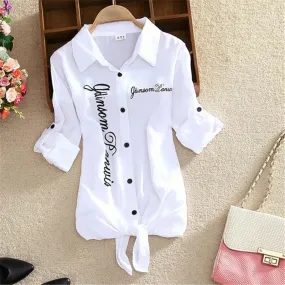 Lucy – Long Sleeve Turn-Down Collar Blouse with Bow Tie
