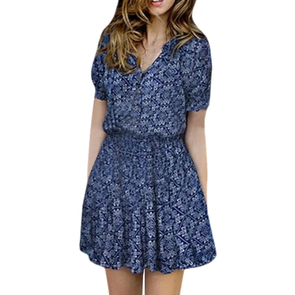 LVSANW 2024 Boho Casual Women Summer Dress V Neck Floral Print Chiffon Beach Dress Tunic Sundress Loose Mini Party Dress Vestidos